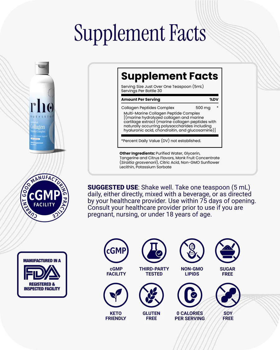 Rho Nutrition Liposomal Collagen Peptides - High-Absorption Liquid Collagen Supplement - Supports Skin Elasticity, Joint Health, and Overall Vitality for Healthy Aging, 5 fl oz