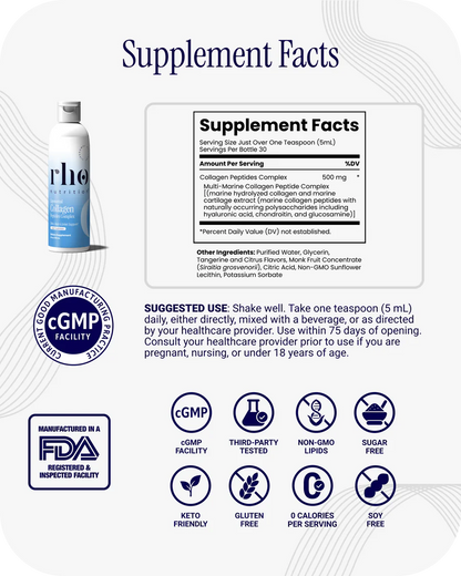 Rho Nutrition Liposomal Collagen Peptides - High-Absorption Liquid Collagen Supplement - Supports Skin Elasticity, Joint Health, and Overall Vitality for Healthy Aging, 5 fl oz