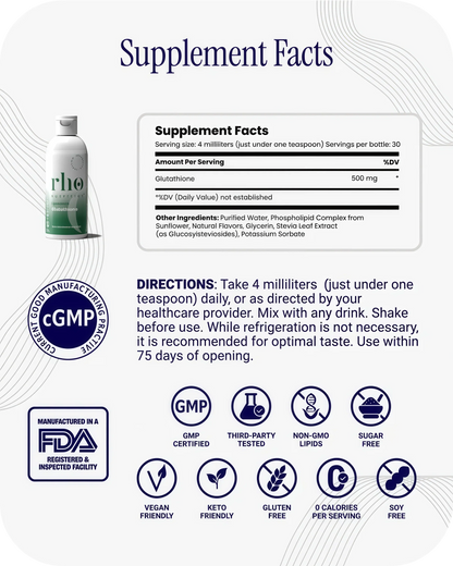 Rho Nutrition Liposomal Glutathione - Ultra High Absorption Liquid Glutathione Supplement - Supports Natural Detoxification, Immune System, Skin Health, Mental Clarity & Overall Well-Being